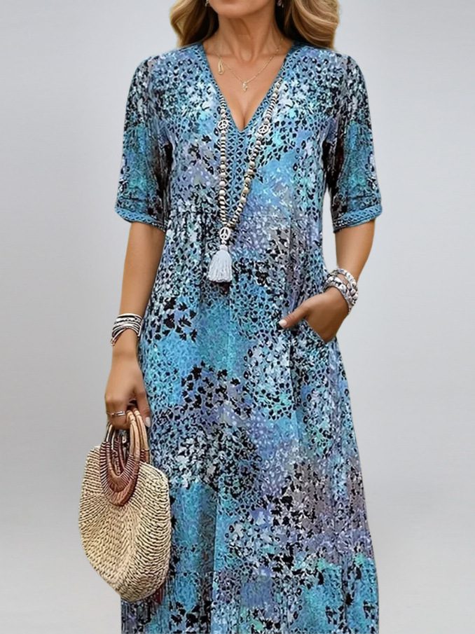 Summer V-neck Half-sleeved Dress With Pockets Fashion Ethnic Print Dresses Beach Holiday Clothing For Women - Image 2