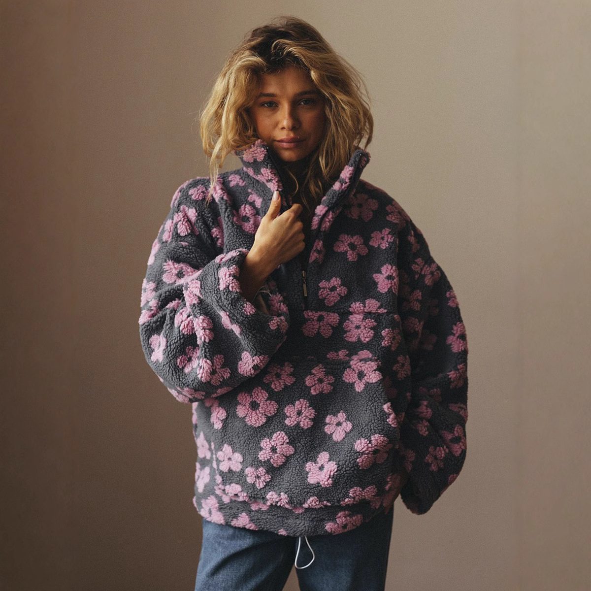 Winter Flowers Lambskin Sweatshirt With Big Pocket Casual Loose Zip-up Lapel Pullover Top Women's Clothing - Image 2