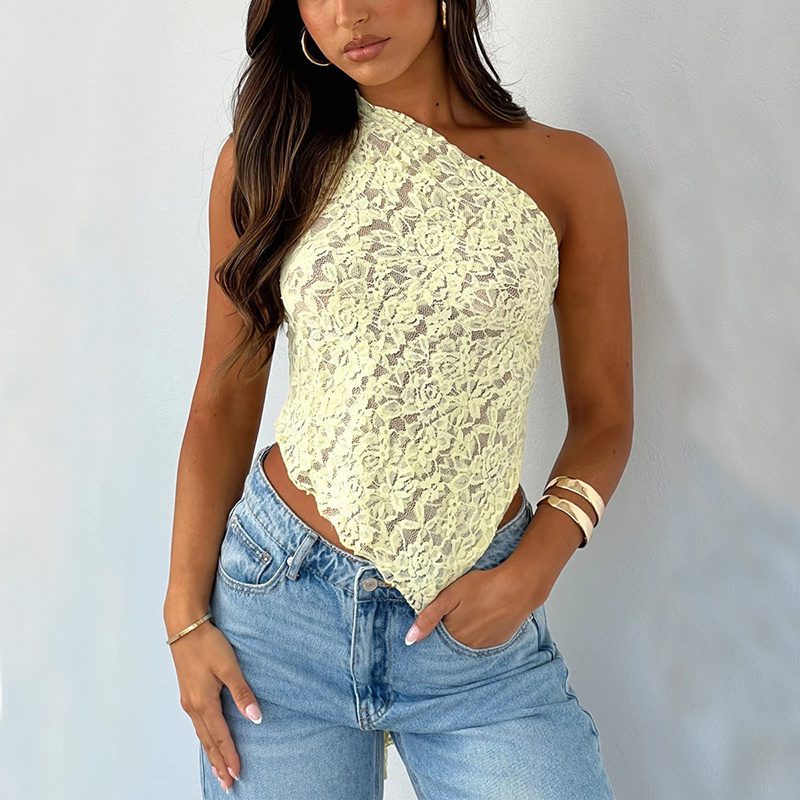 Ins Lace Backless Top Summer Solid Color Waistless Asymmetrical Sloped Neck Vest Streetwear Womens Clothes - Image 6