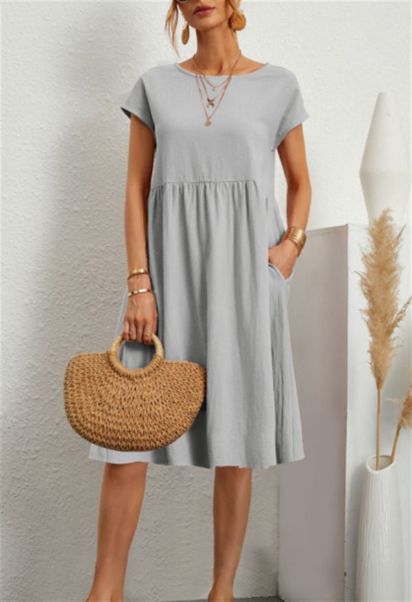 Summer Short-sleeved Dress With Pockets Fashion Solid Round Neck A-line Dresses For Women Clothing - Image 9