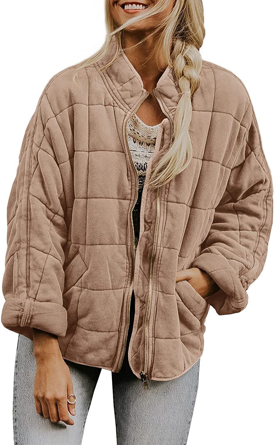 Winter Zip-up Stand Collar Coat With Pockets Fashion Solid Color Plaid Long Sleeved Jacket Women's Clothing - Image 2