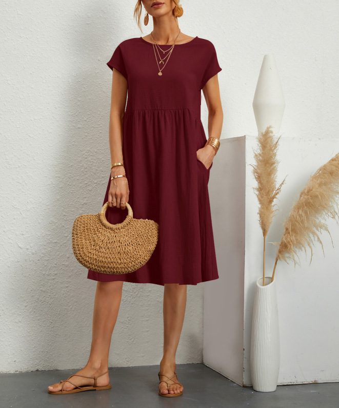 Summer Short-sleeved Dress With Pockets Fashion Solid Round Neck A-line Dresses For Women Clothing - Image 8