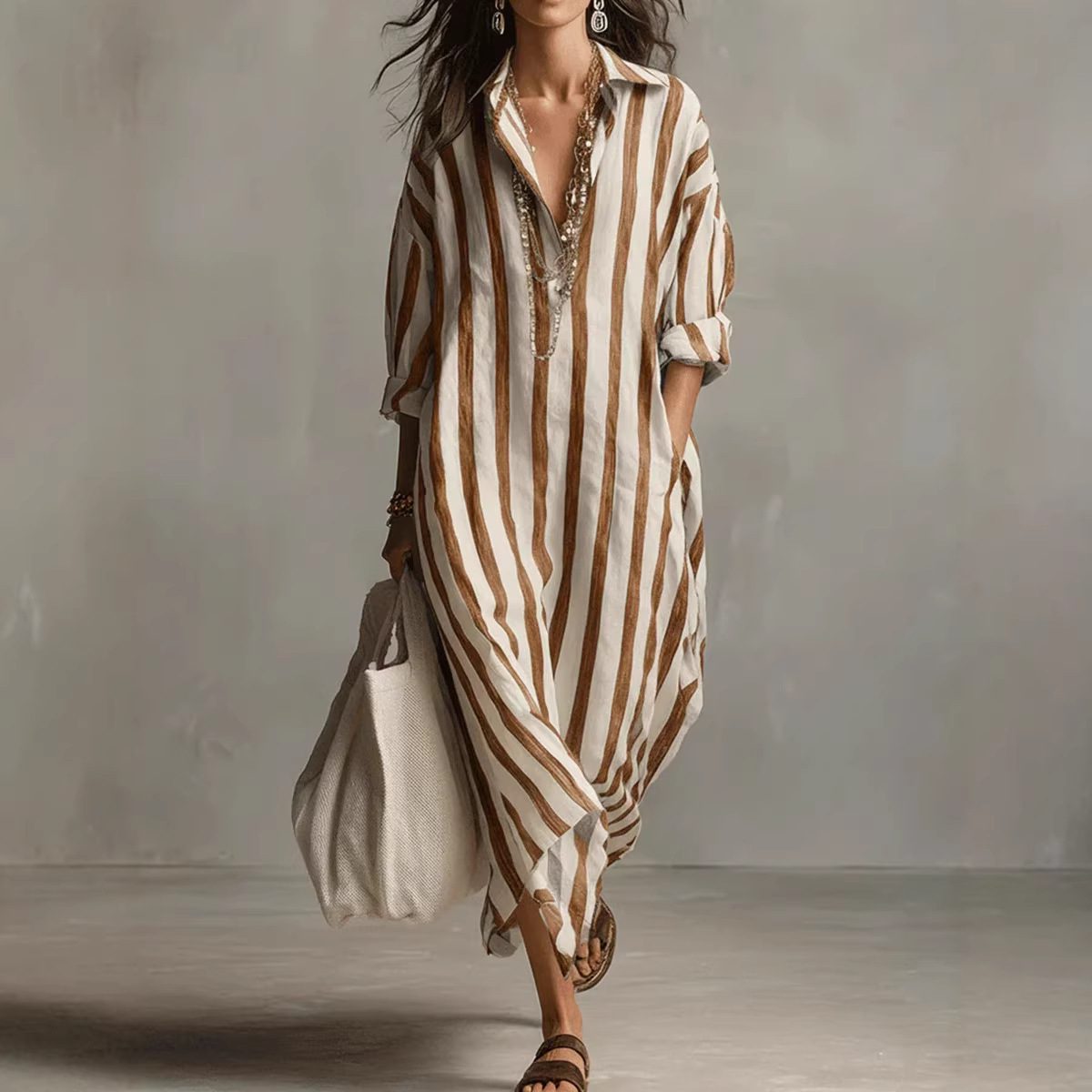 Striped Print Dress Summer Split Collar Short Sleeve Long Dresses Fashion Women's Clothing - Image 4