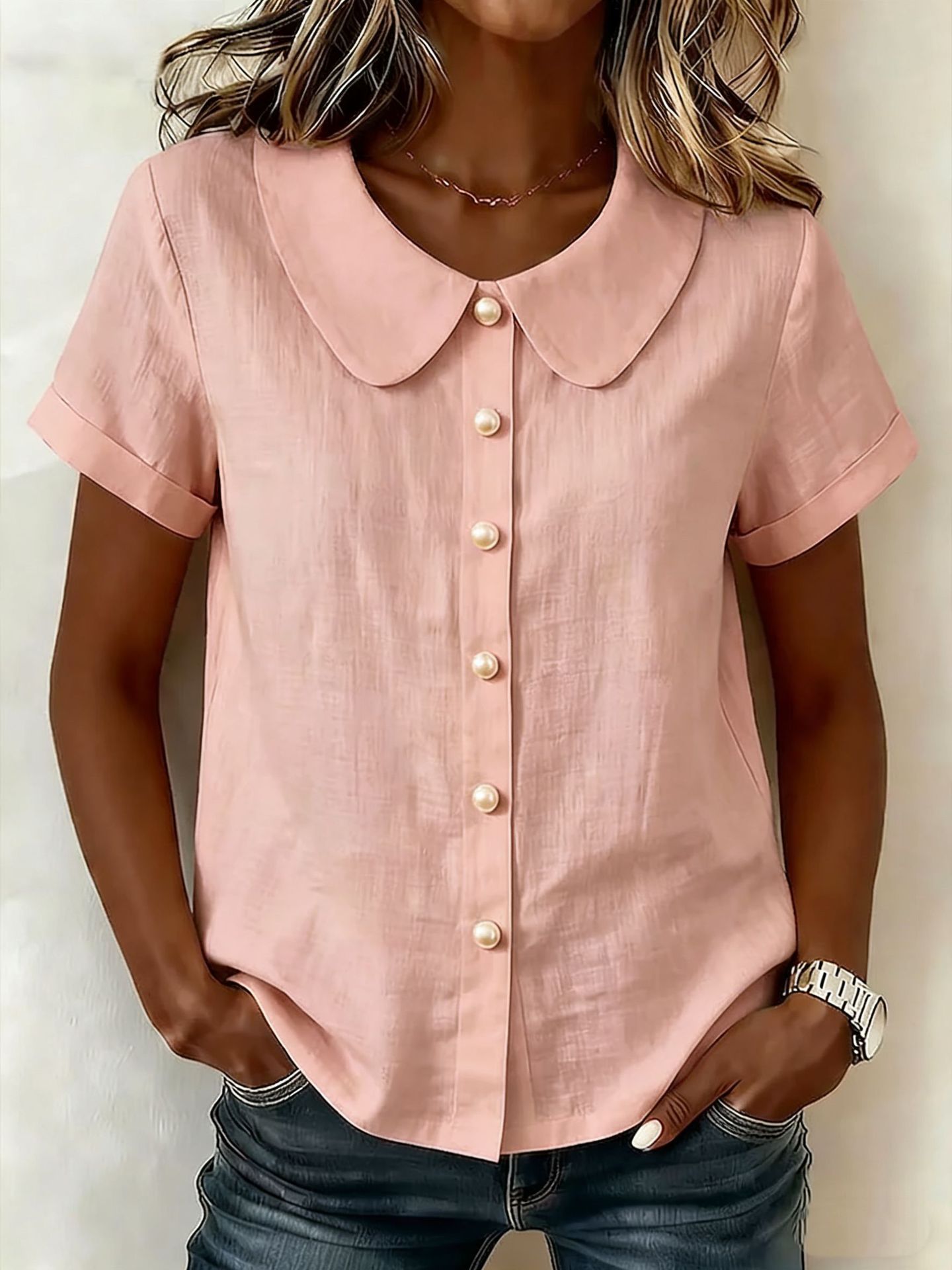 Womens Solid-Colored Short-Sleeve Casual Loose Shirt - Image 10