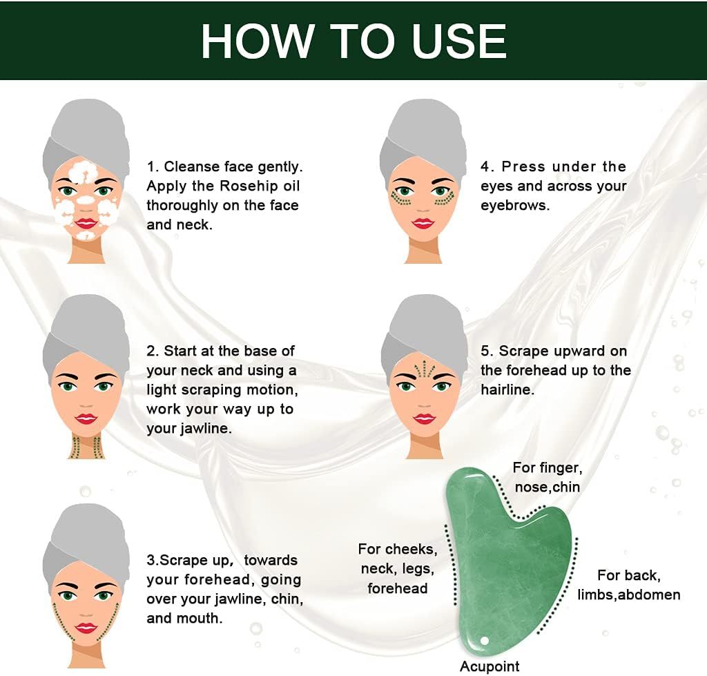 Gua Sha Massage Tools & Rosehip Oil In One Set, Nature Jade Stone Facial Gua Sha Products For Skin Massage, Beauty And Moisturizing , With Nice Travel Pouch - Image 6