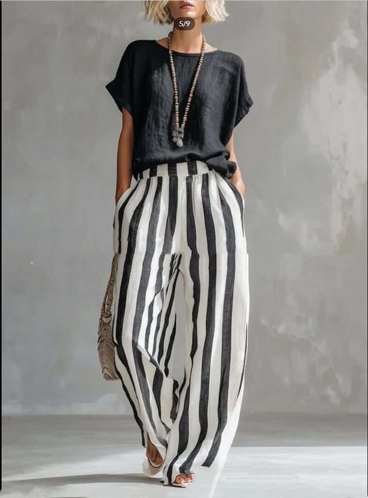 Short-sleeved Trousers Suit Summer Fashion Round Neck Pullover T-Shirt And Striped Print Straight Leg Pants Two-Piece Clothing For Women - Image 2