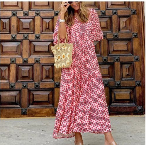 Summer Women's Vintage Printed Bohemian Dress Elegant Ladies Casual Loose V-Neck Short Sleeve Long Dresses - Image 4