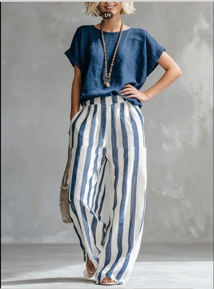 Short-sleeved Trousers Suit Summer Fashion Round Neck Pullover T-Shirt And Striped Print Straight Leg Pants Two-Piece Clothing For Women - Image 4