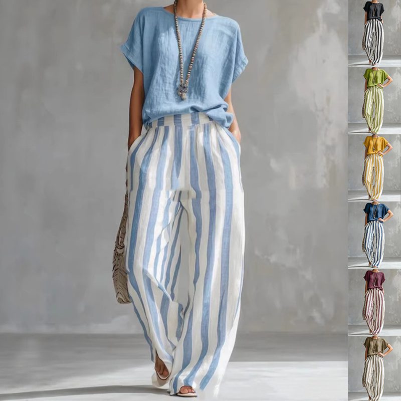 Short-sleeved Trousers Suit Summer Fashion Round Neck Pullover T-Shirt And Striped Print Straight Leg Pants Two-Piece Clothing For Women