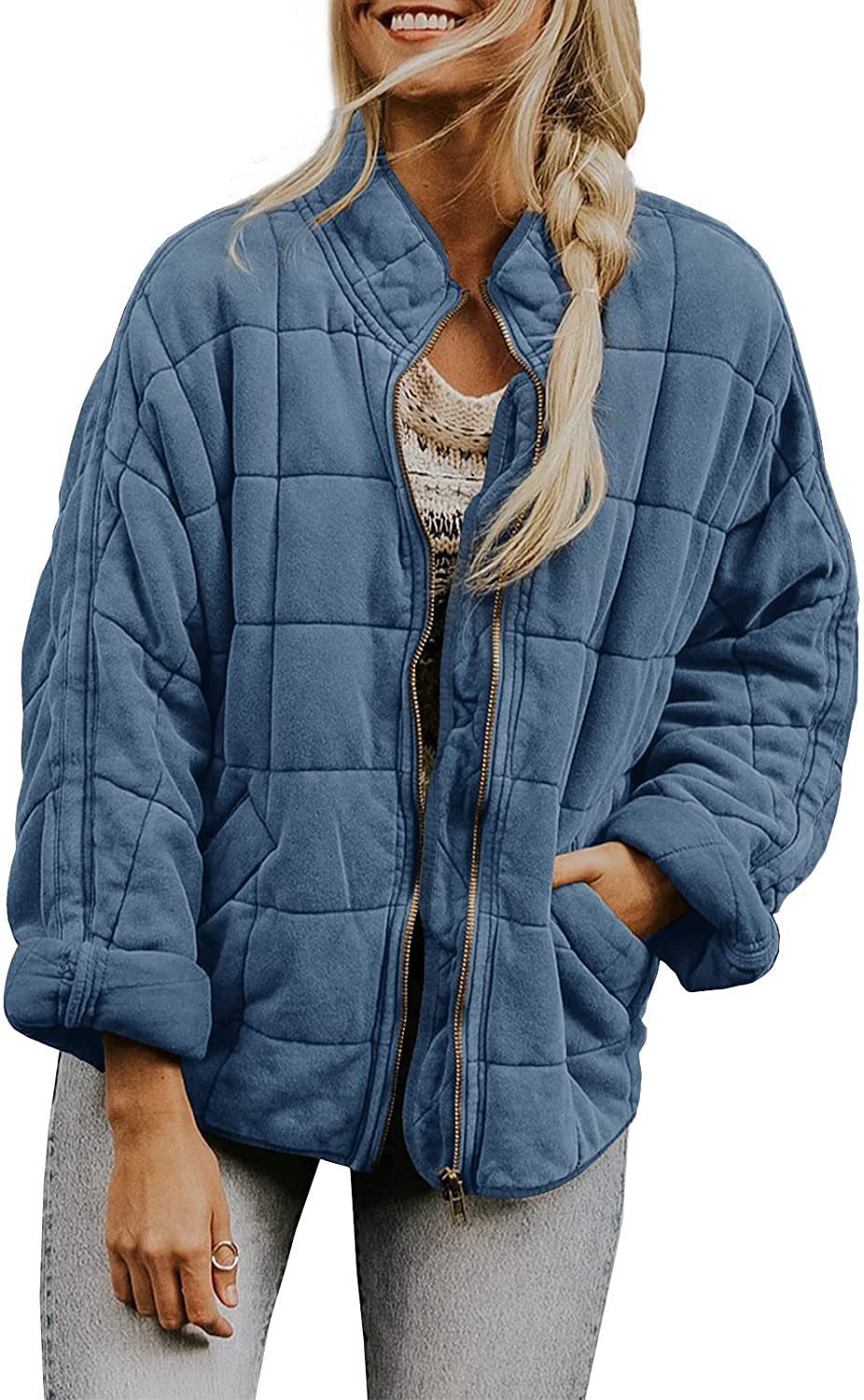 Winter Zip-up Stand Collar Coat With Pockets Fashion Solid Color Plaid Long Sleeved Jacket Women's Clothing - Image 10