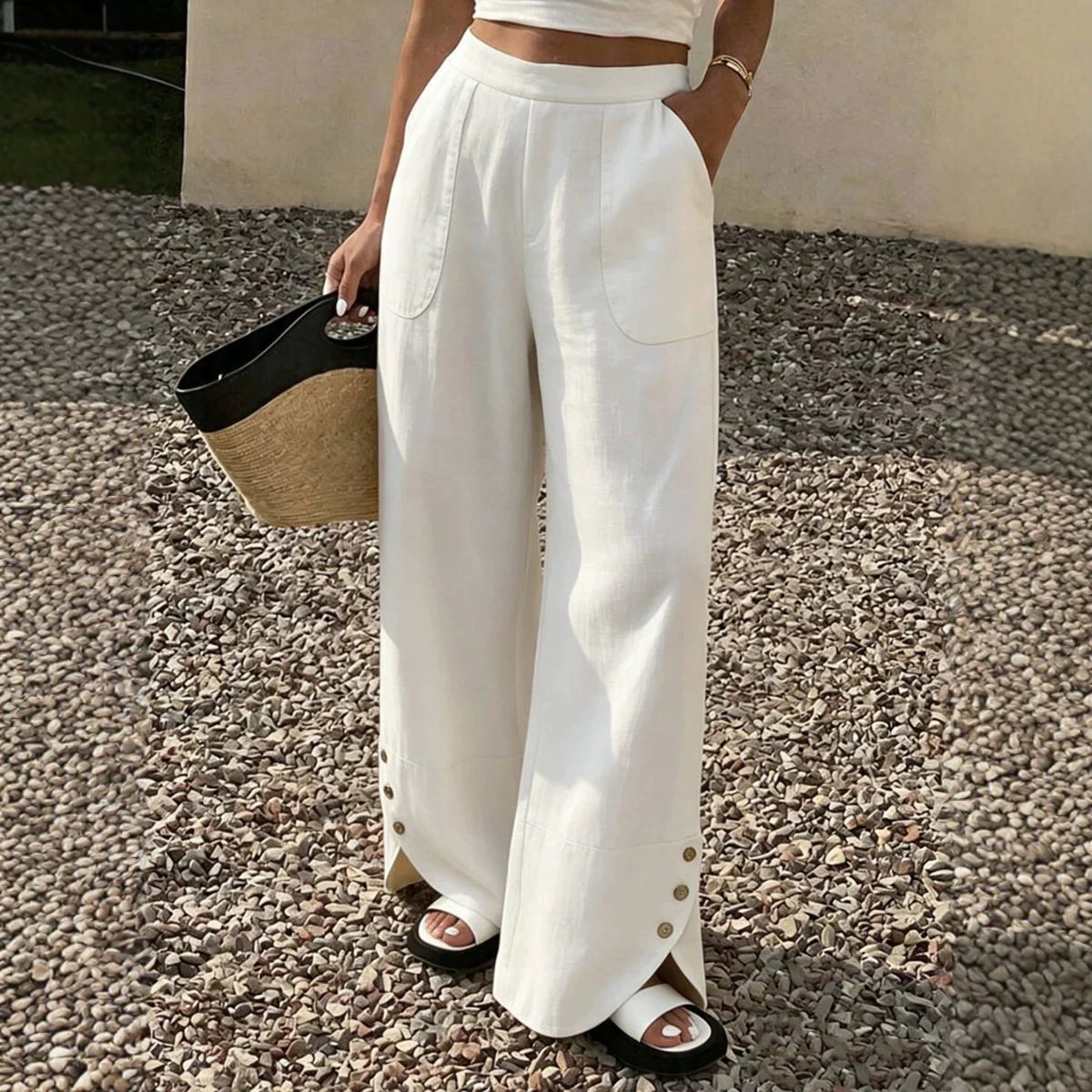 Womens Solid-color Loose-fit Straight-leg Casual Wide-leg Pants With Pockets - Image 3