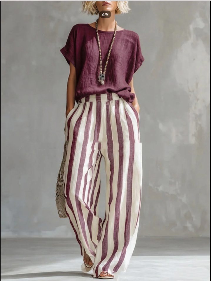 Short-sleeved Trousers Suit Summer Fashion Round Neck Pullover T-Shirt And Striped Print Straight Leg Pants Two-Piece Clothing For Women - Image 6