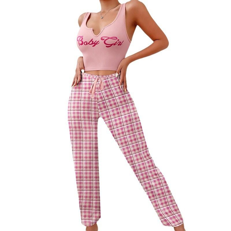 Spring Summer Women's Casual Pajamas Home Wear Vest Color Matching Plaid Trousers Letter Print Top Ladies 2 Pcs Home Clothes Sleepwear - Image 9