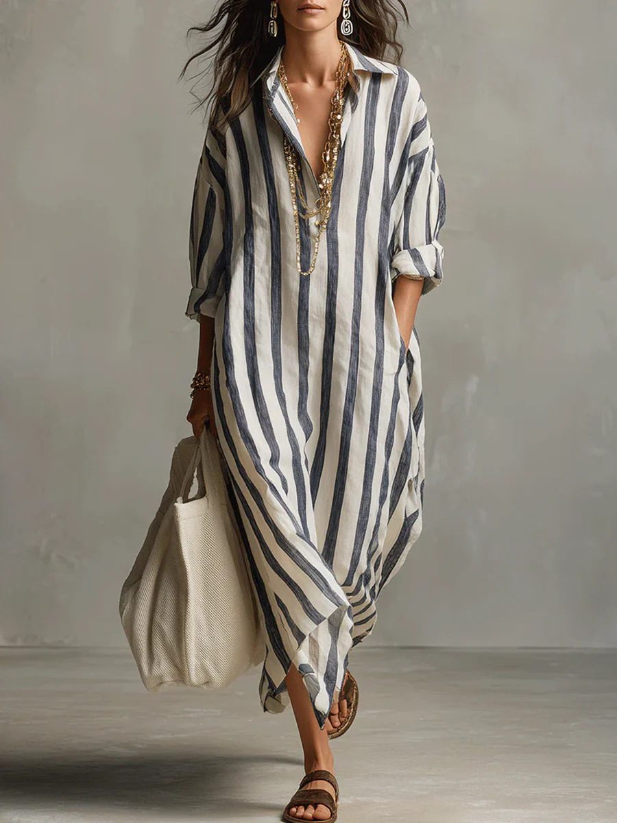 Striped Print Dress Summer Split Collar Short Sleeve Long Dresses Fashion Women's Clothing - Image 6