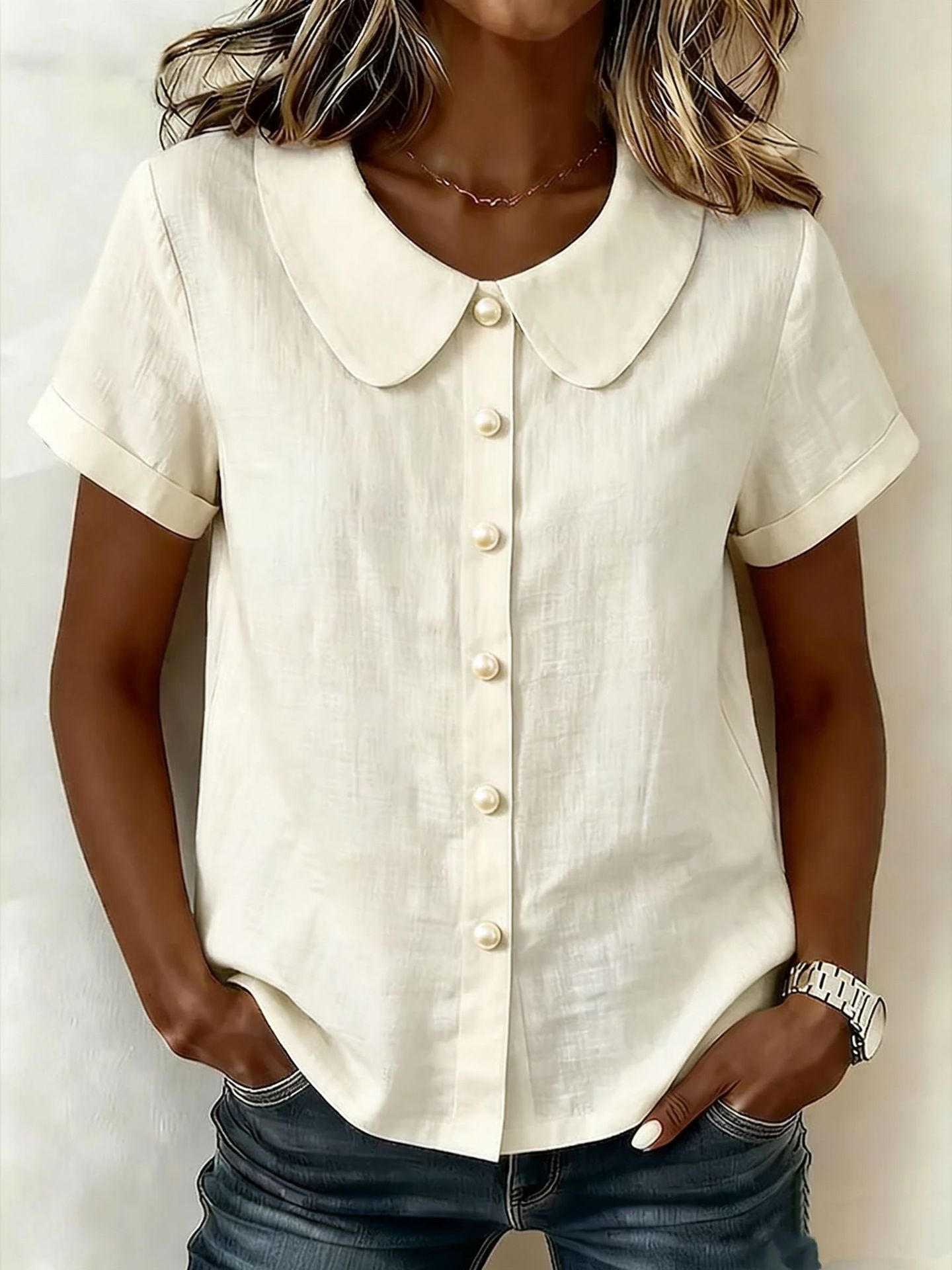 Womens Solid-Colored Short-Sleeve Casual Loose Shirt - Image 9