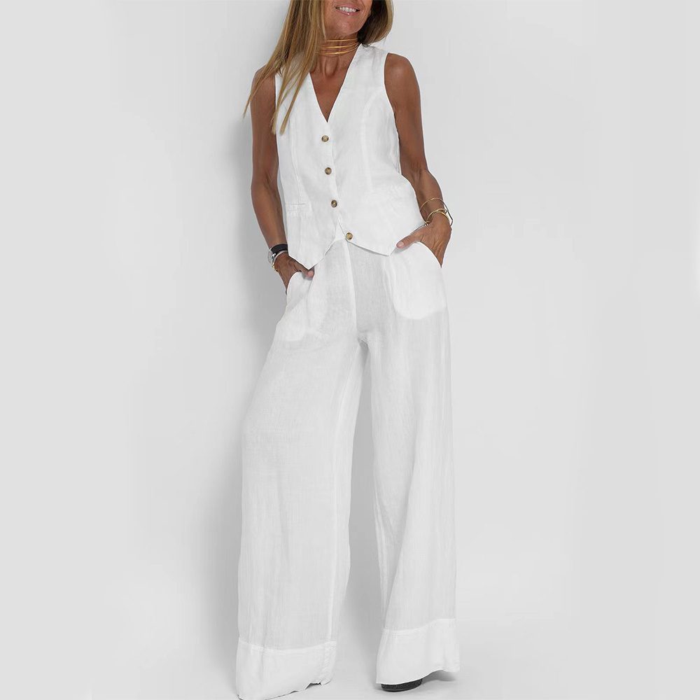 Summer Vest Suits V-neck Botton Sleeveless Top And Loose Straight Trousers Casual Womens Clothing - Image 5