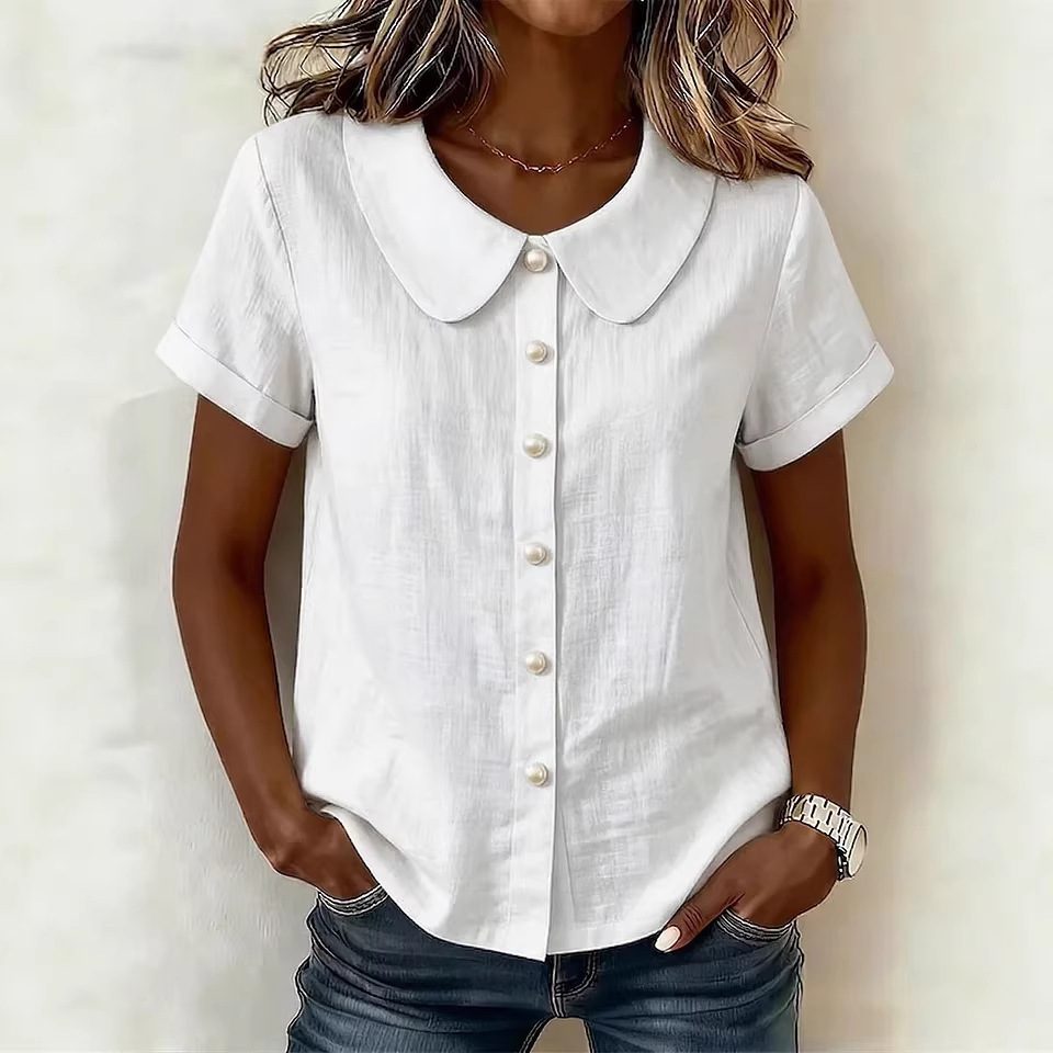 Womens Solid-Colored Short-Sleeve Casual Loose Shirt - Image 3