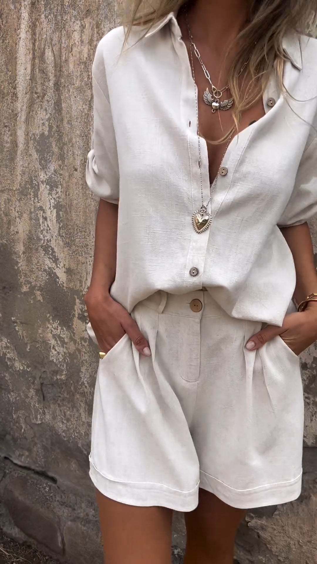 Short-sleeved Suits Fashion Lapel Button Shirt Top And Pocket Shorts Women's Clothing - Image 10