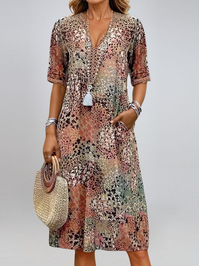 Summer V-neck Half-sleeved Dress With Pockets Fashion Ethnic Print Dresses Beach Holiday Clothing For Women - Image 5