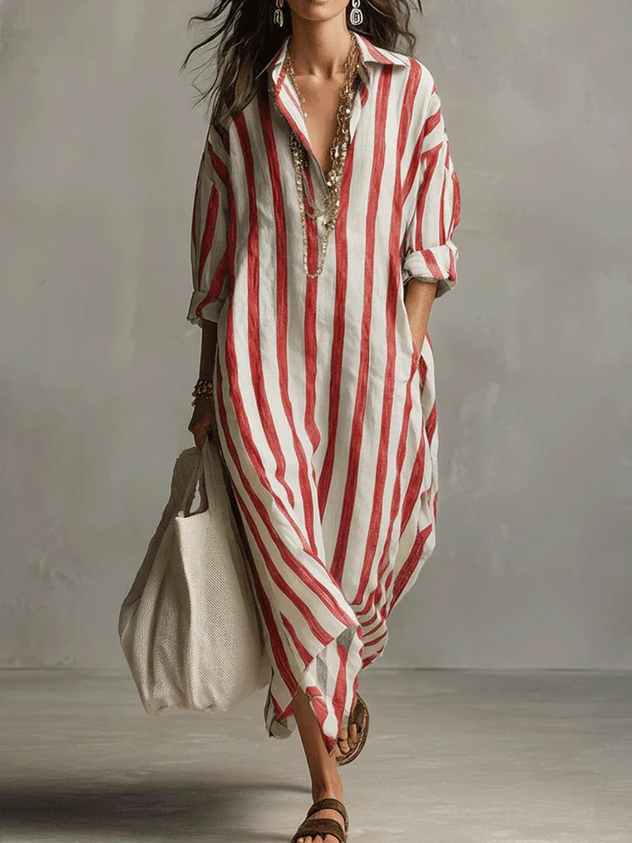 Striped Print Dress Summer Split Collar Short Sleeve Long Dresses Fashion Women's Clothing - Image 8