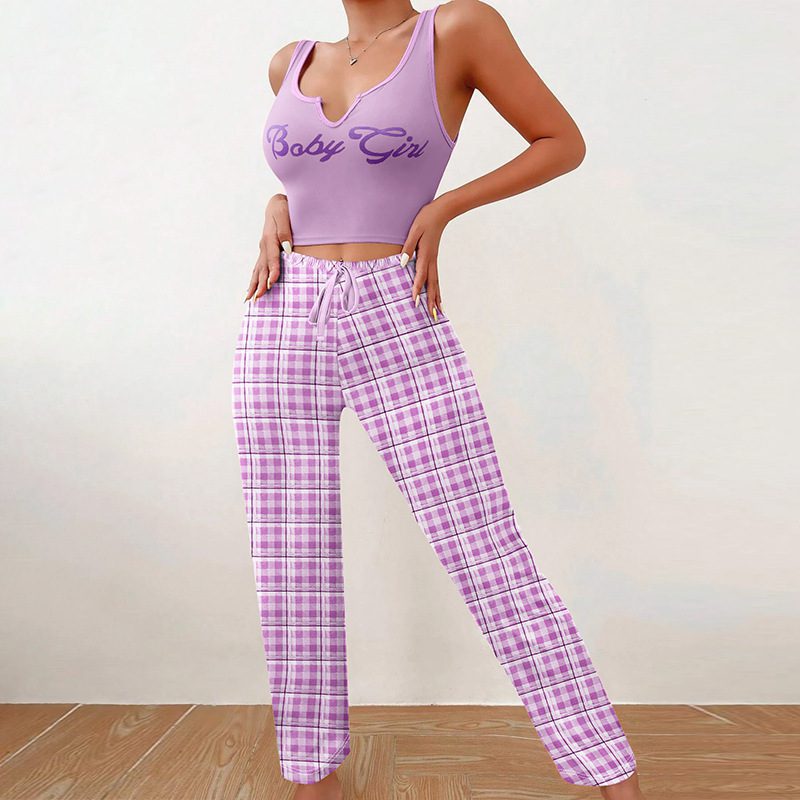 Spring Summer Women's Casual Pajamas Home Wear Vest Color Matching Plaid Trousers Letter Print Top Ladies 2 Pcs Home Clothes Sleepwear - Image 7