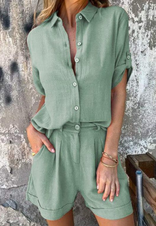 Short-sleeved Suits Fashion Lapel Button Shirt Top And Pocket Shorts Women's Clothing - Image 7