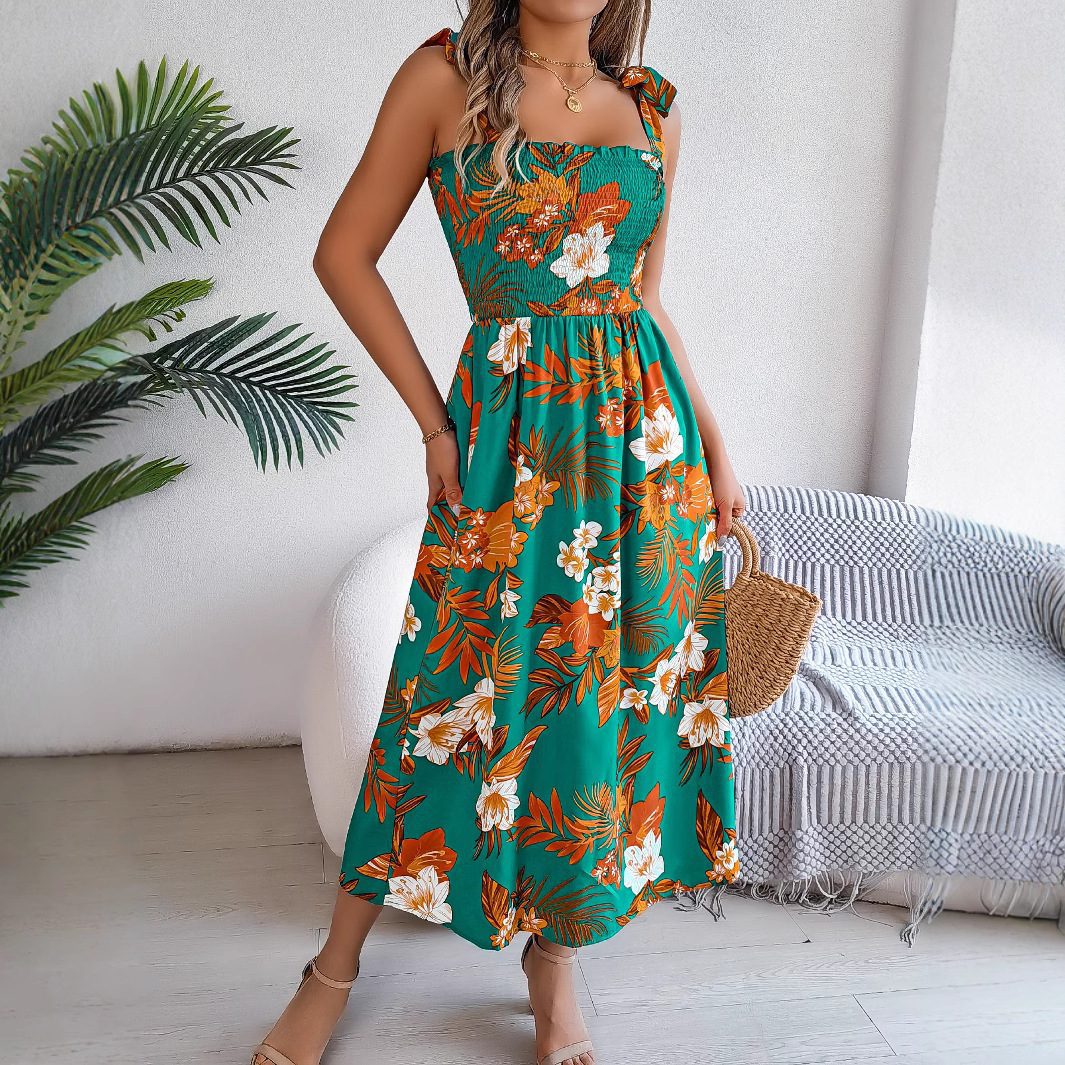 Flowers Print Suspender Corset Dress Ins Fashion Holiday Beach Long Dresses Summer Clothing For Women - Image 3