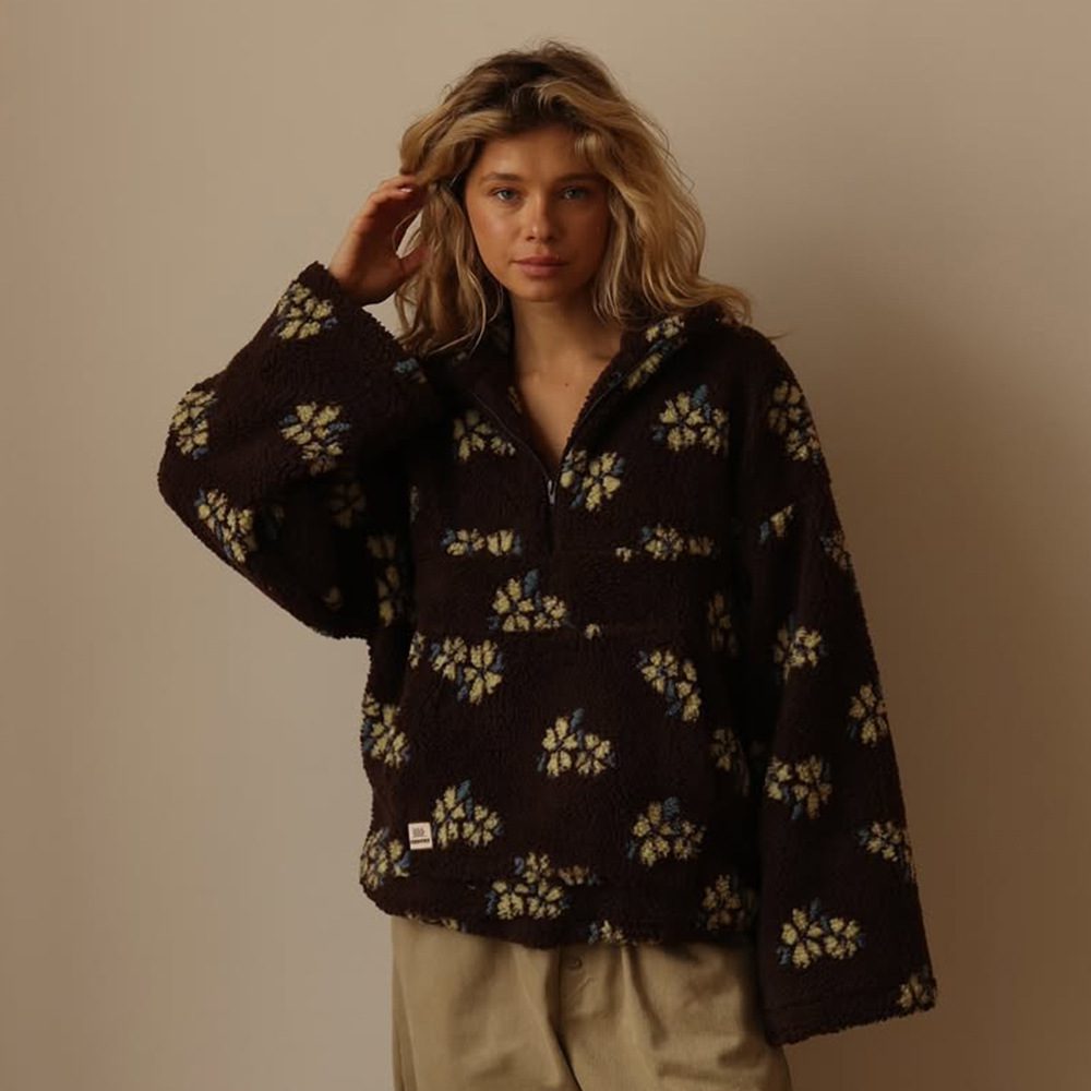 Winter Flowers Lambskin Sweatshirt With Big Pocket Casual Loose Zip-up Lapel Pullover Top Women's Clothing - Image 5