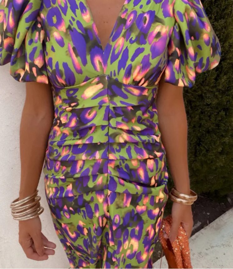 Puffed Short Sleeve Dress Summer Floral Printed V-neck Skinny Dresses - Image 3