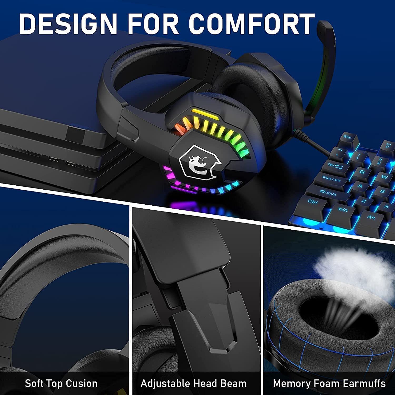Wired Gaming Headset With Rainbow RGB Backlight Retractable Stereo Sound For PS4 Black - Image 3