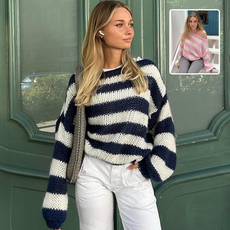 بلوفر محبوك نسائي واسع مخطط، يُلبس من الرأس (Pullover)، عصري ومتعدد الاستخدامات، بأكمام طويلة، مناسب كقطعة علوية كاجوال للنساء، ملابس نسائية محبوكة مريحة.