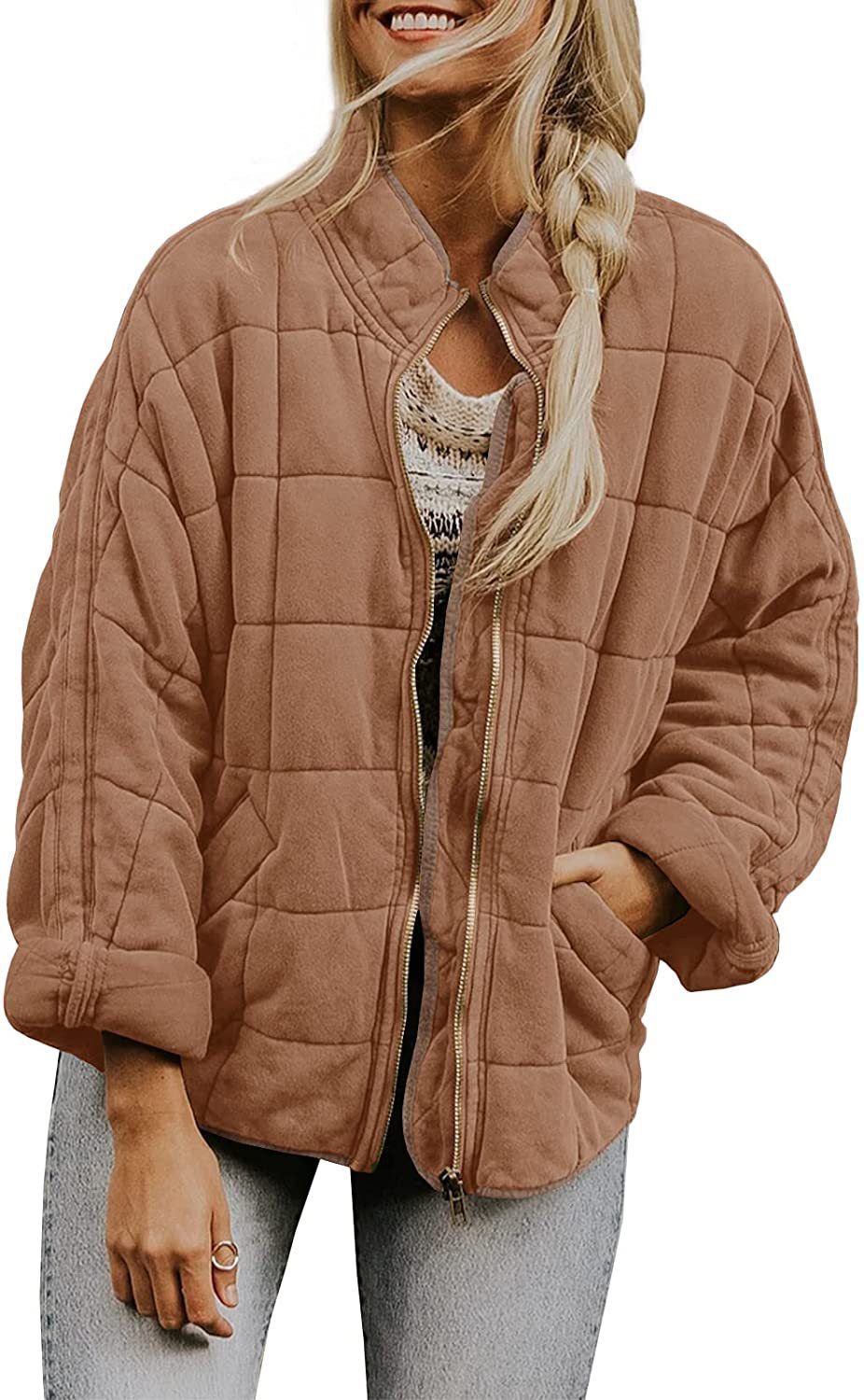 Winter Zip-up Stand Collar Coat With Pockets Fashion Solid Color Plaid Long Sleeved Jacket Women's Clothing - Image 5