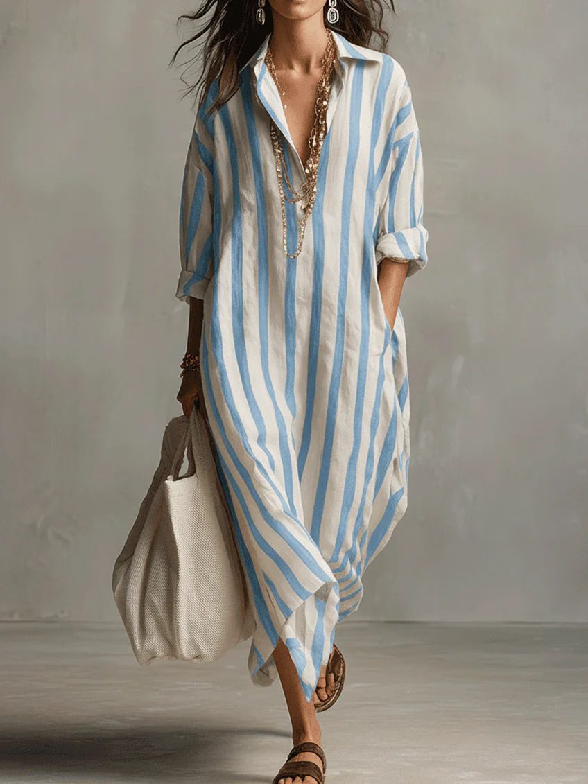 Striped Print Dress Summer Split Collar Short Sleeve Long Dresses Fashion Women's Clothing - Image 10