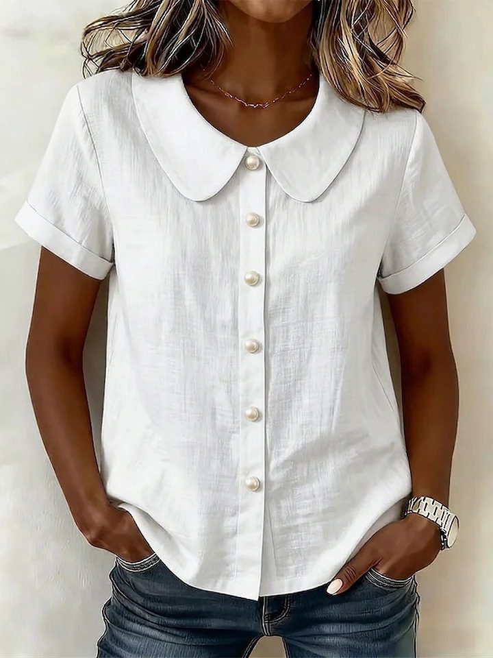 Womens Solid-Colored Short-Sleeve Casual Loose Shirt - Image 7
