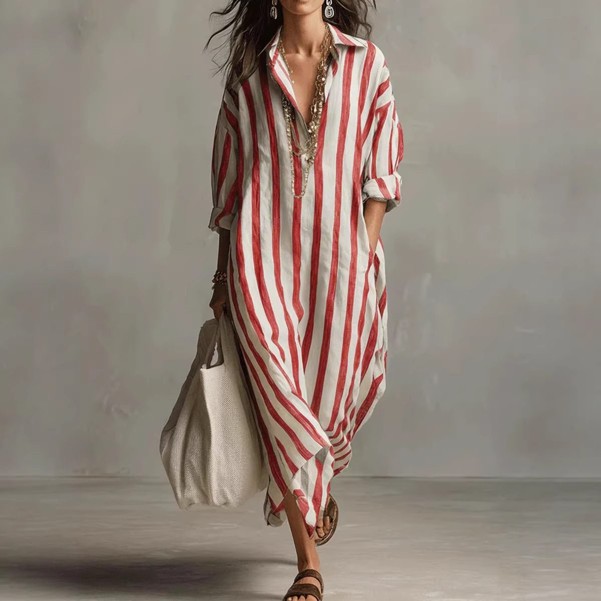 Striped Print Dress Summer Split Collar Short Sleeve Long Dresses Fashion Women's Clothing - Image 3