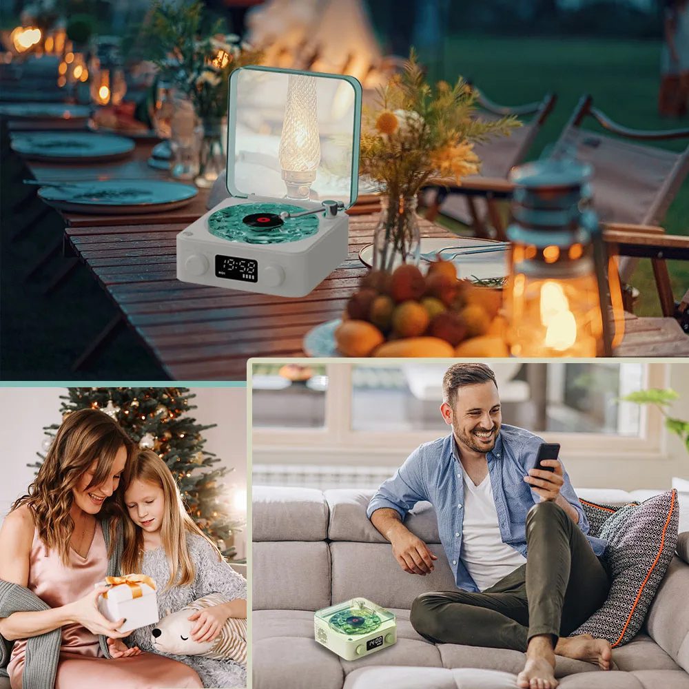 مكبر صوت بتصميم مشغل أسطوانات فينيل كلاسيكي (Retro Turntable)، لاسلكي، متوافق مع Bluetooth 5.0، يوفر صوت ستيريو، مع ضوضاء بيضاء (White Noise)، وتأثير إسقاط ضوئي RGB - الصورة 4
