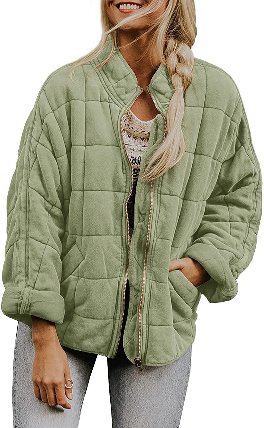 Winter Zip-up Stand Collar Coat With Pockets Fashion Solid Color Plaid Long Sleeved Jacket Women's Clothing - Image 4