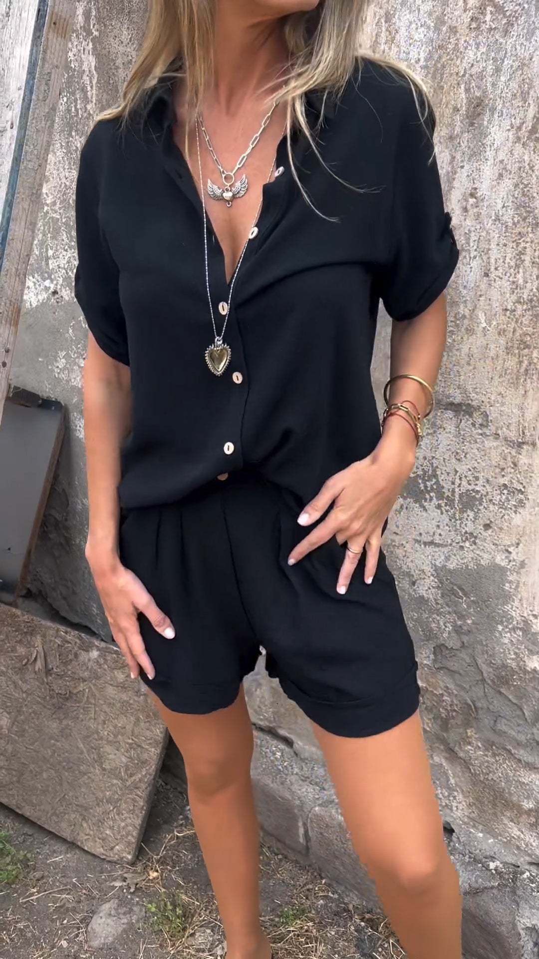 Short-sleeved Suits Fashion Lapel Button Shirt Top And Pocket Shorts Women's Clothing - Image 5