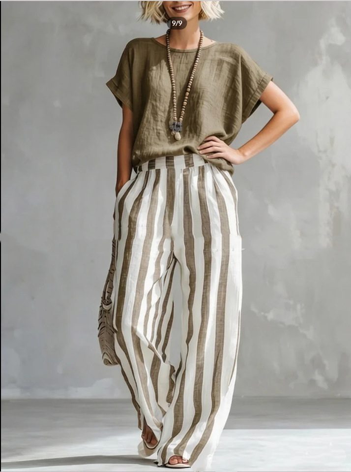 Short-sleeved Trousers Suit Summer Fashion Round Neck Pullover T-Shirt And Striped Print Straight Leg Pants Two-Piece Clothing For Women - Image 7