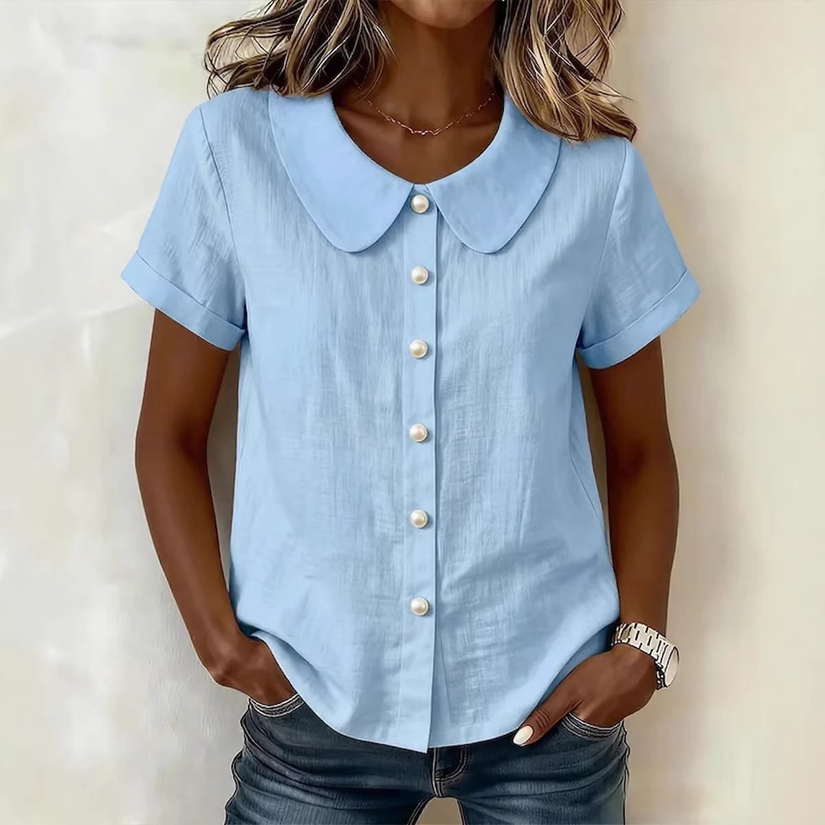 Womens Solid-Colored Short-Sleeve Casual Loose Shirt - Image 2