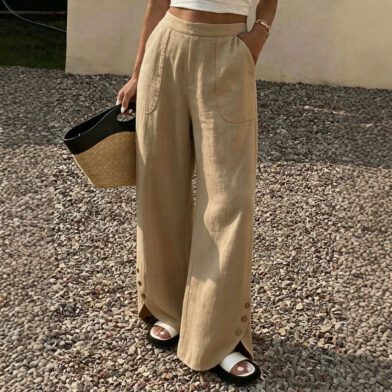 Womens Solid-color Loose-fit Straight-leg Casual Wide-leg Pants With Pockets