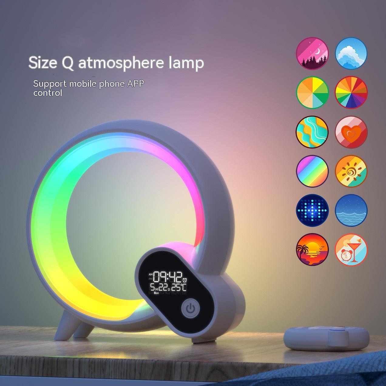 ساعة منبه رقمية تناظرية بإضاءة Q Light، مع خاصية شروق الشمس، وصوت بلوتوث، ووظيفة تنبيه ذكية، وإضاءة جوية ملونة.