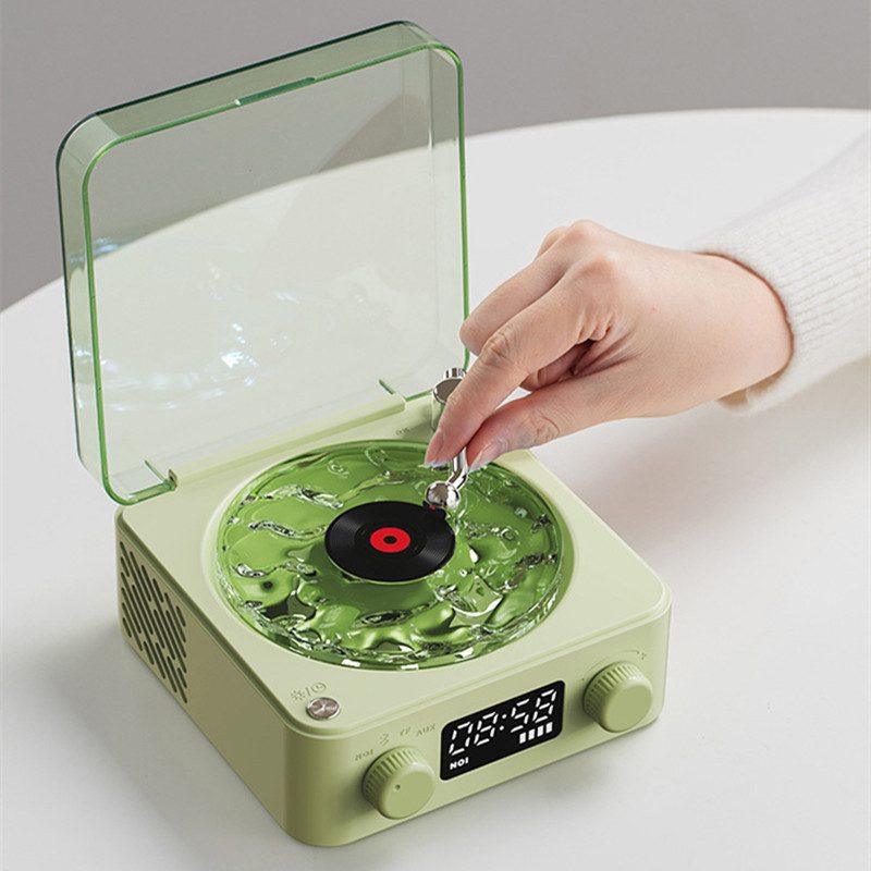 مكبر صوت بتصميم مشغل أسطوانات فينيل كلاسيكي (Retro Turntable)، لاسلكي، متوافق مع Bluetooth 5.0، يوفر صوت ستيريو، مع ضوضاء بيضاء (White Noise)، وتأثير إسقاط ضوئي RGB - الصورة 6