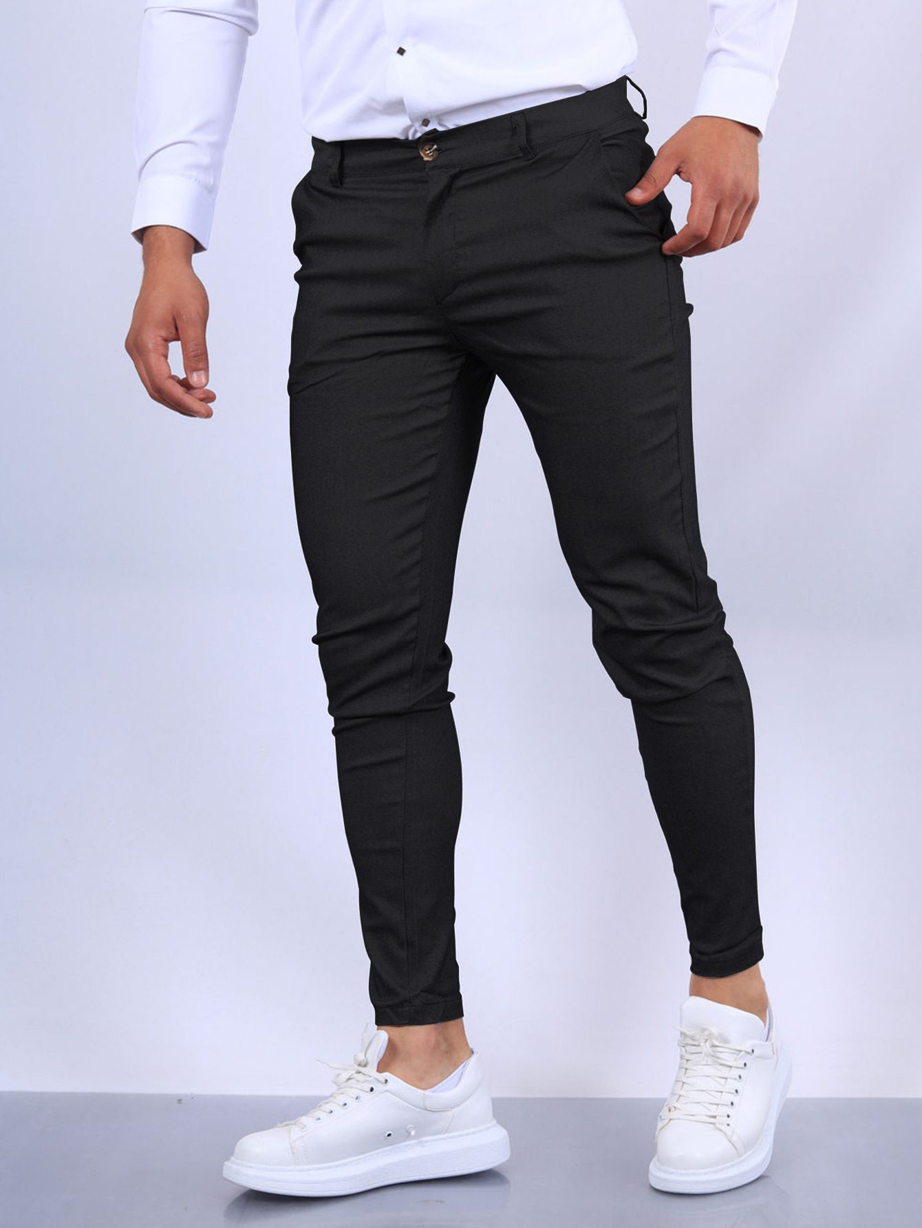 Men's Slim Button Trousers Fashion Solid Office Versatile Long Pencil Pants - Image 9