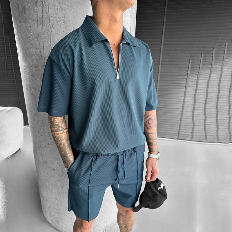 Summer Fashion Mens Clothing Men's Suits New Zipper Polo Casual Short Sleeve Drawstring Shorts Men's Set - Image 7