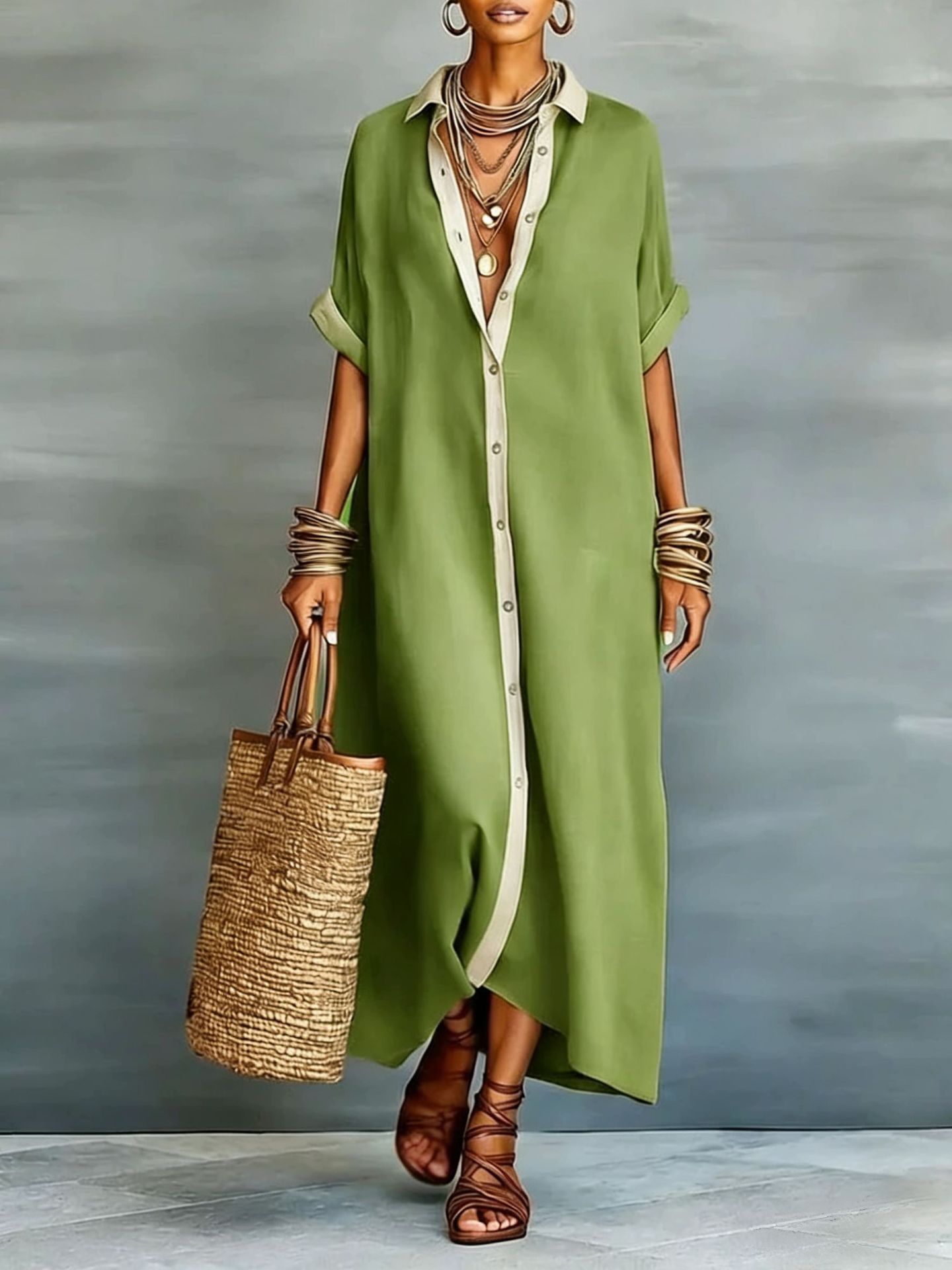 Color-blocked Loose And Linen Long Dress Fashionable And Casual Dress - Image 2