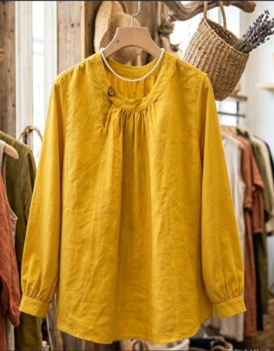 Women's Mustard Yellow Linen-Blend Blouse, Round Neck Long Sleeve Loose Casual Top With Button Detail