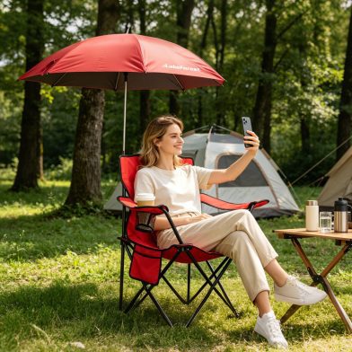 1Pc Camping Chair With Umbrella Lightweight Foldable Outdoor Chair With Cup Holder Detachable Sun Canopy Carrying Bag 330LBS Max Load For Beach Picnic Travel Concert Outdoor Activities