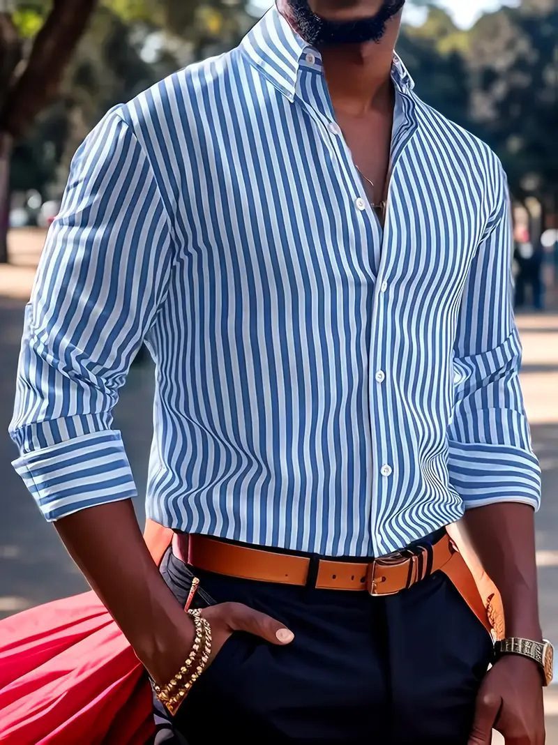 Ins Stripe Printed Long Sleeve Shirt Men Fashion Casual Lapel Button Top Clothing - Image 10