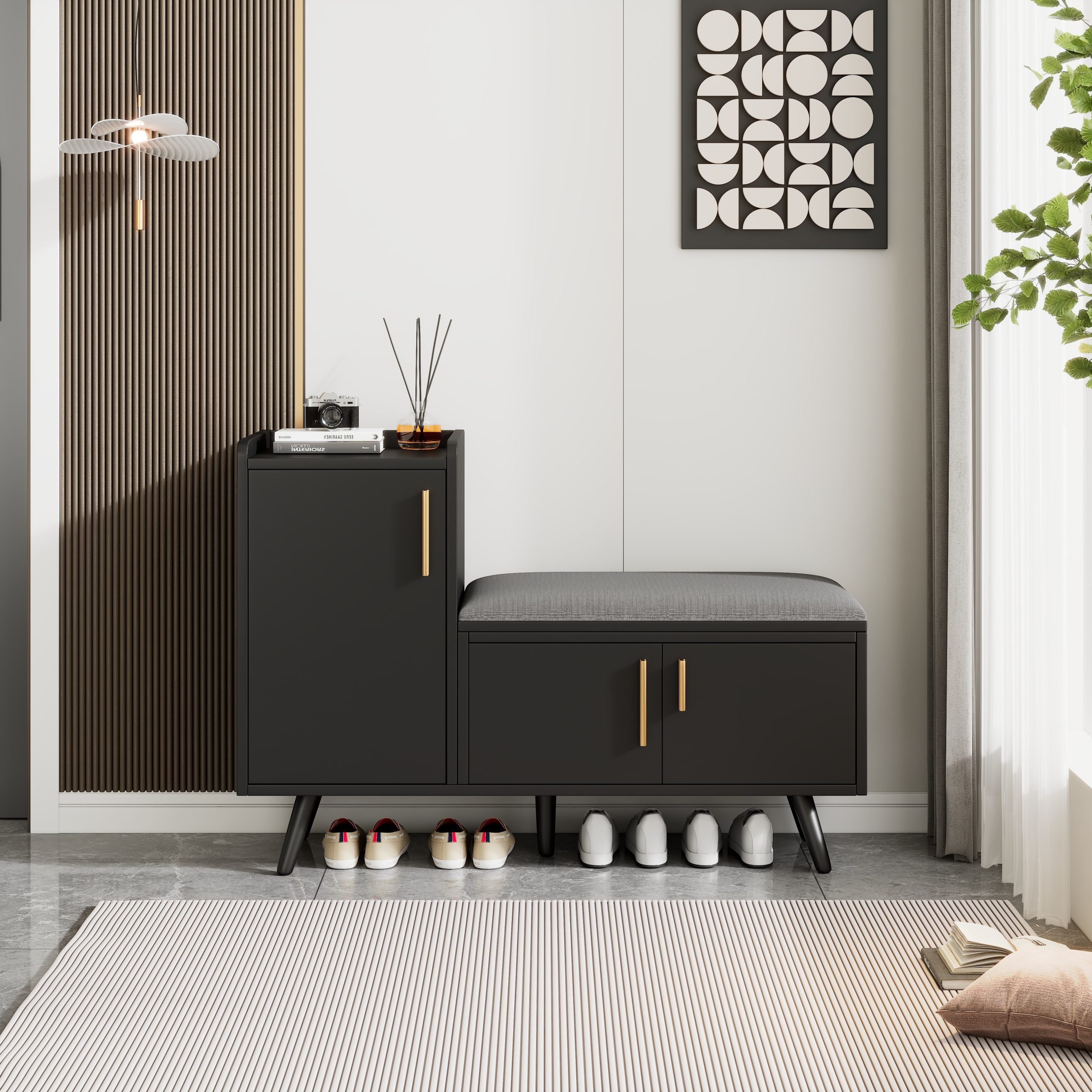Modern Shoe Bench Storage Cabinet, Adjustable Storage Space For Boots Or Heels, Asymmetrical Metal Handles, Black, 100 X 34 X 69 Cm - Image 5